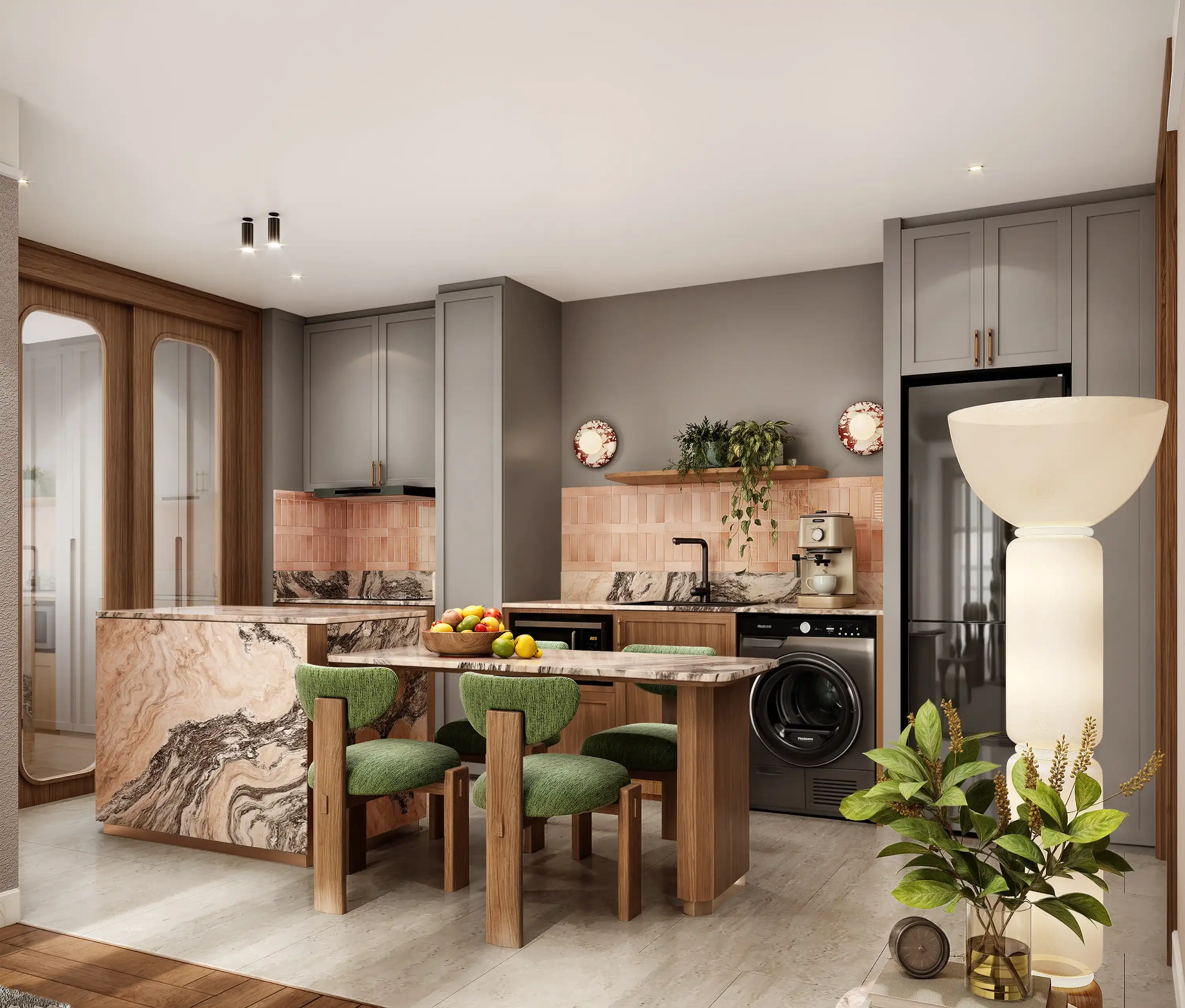 KITCHEN — SWIRLING PINK MARBLE & TERRACOTTA BACKSPLASH